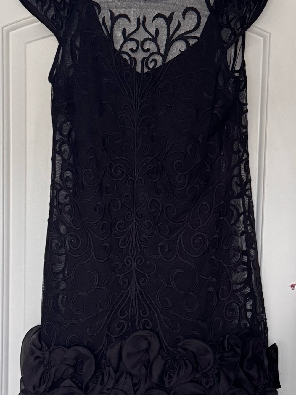 Black Embroidered Mesh Ruffled Rose Hem Cocktail Dress